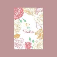 Pastel rose background for Valentines card design. A4 format with roses bloom and buds. Outlines and fills are separate. Some are line art only, some only flat fill design. Easy to edit, ready to use. vector