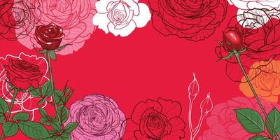 Roses banner template with space for text in the middle. Hand drawn flowers with outline, fills and full colors, easy to scale for both online and print projects. vector