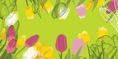 Hand drawn tulips in outline, fill and full color banner template with space for text in the middle. They can be used in online and print projects. Flower background design. vector