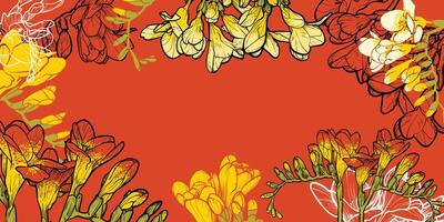 Freesia banner template with space for text in the middle. Yellow and orange freesias abstract background. Can be easily edited and used in online and print projects vector