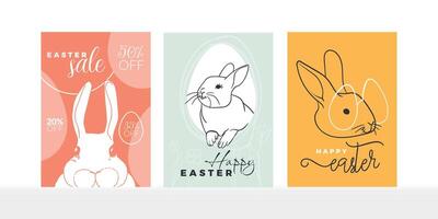 Happy Easter with hand drawn cute rabbit, doodle flowers and eggs on the background. A4 format for sales posters. Playful font mix for Easter banners. vector