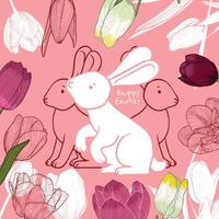 Happy Easter with hand drawn cute rabbit and flowers on a pink background. Awesome design for banners and visuals. vector