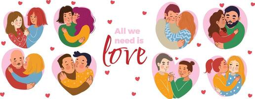 couples kissing and smooching in a shape of the heart. Love bundle illustrations for icons, cards and print projects. vector