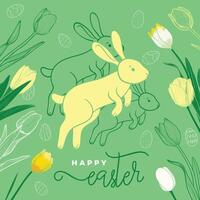 Happy Easter with hand drawn cute rabbit, doodle flowers and eggs on the background. Playful font mix for Easter banners and visuals. vector