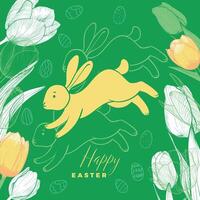 Dark green square visual with hand drawn cute rabbit, hand drawn flowers and eggs on the background. Awesome font mix written Happy Easter. vector