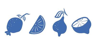 Blue citrus set, hand drawn boho style, lime, lemon, oranje, slice vector