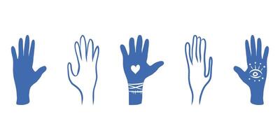 Blue magical hands set. Heart and eye. Esoteric and mystical design elements vector