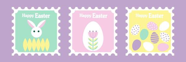 Set of Happy Easter cards in modern minimalistic style with geometric shapes, eggs. three easter stamps with bunny and eggs vector