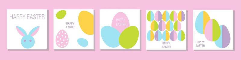 Set of Happy Easter cards in modern minimalistic style with geometric shapes, eggs. Abstract template for poster, branding, advertising, postcard, printseaster cards with bunny and eggs on pink vector