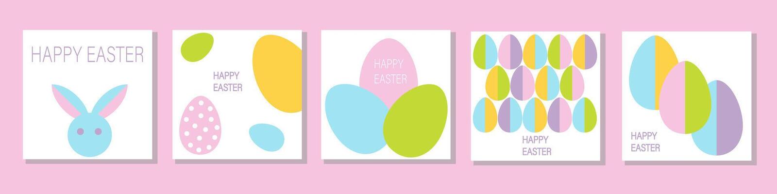 Set of Happy Easter cards in modern minimalistic style with geometric shapes, eggs. Abstract template for poster, branding, advertising, postcard, printseaster cards with bunny and eggs on pink