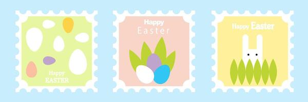 Set of Happy Easter cards in modern minimalistic style with geometric shapes, eggs. Abstract template for poster, branding, advertising, postcard, prints, banner.three easter cards with bunny and eggs vector