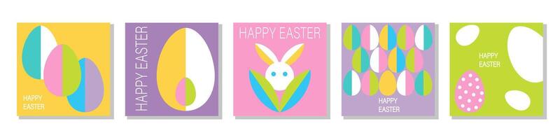 Set of Happy Easter cards in modern minimalistic style with geometric shapes, eggs. easter cards with colorful bunny and eggs vector