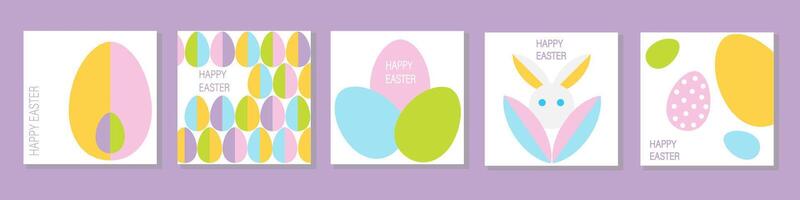 Set of Happy Easter cards in modern minimalistic style with geometric shapes, eggs. easter bunny stickers vector