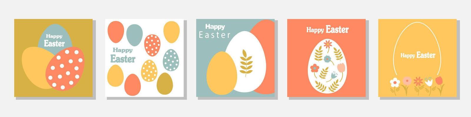 Set of Happy Easter cards in modern minimalistic style with geometric shapes, eggs. Abstract template for poster, branding, advertising. easter greeting cards set with colorful eggs and flowers