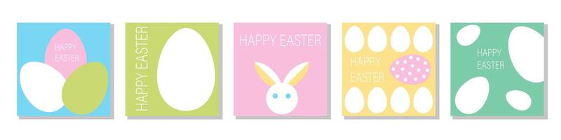 Set of Happy Easter cards in modern minimalistic style with geometric shapes, eggs. easter cards with bunny and eggs on white background vector