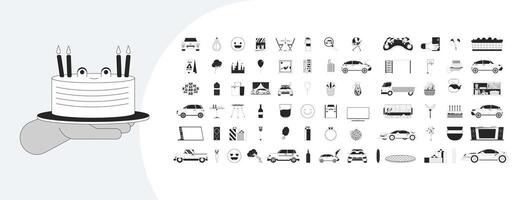 Lifestyle cartoon outline illustrations mega bundle. Various purposes and situations items 2D linear images isolated. Routine life performing objects collection black and white drawings vector