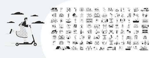 Lifestyle cartoon outline illustrations mega bundle. People and objects in various situations 2D linear images isolated. Adults spending time on hobby collection black and white drawings vector