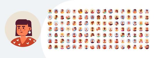 Round avatars cartoon flat illustrations mega bundle. Users of different age and ethnicity 2D images isolated on white. Web page and online chat profiles collection drawings colorful vector