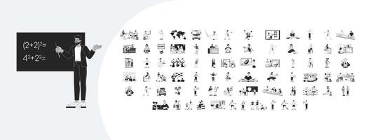 Education cartoon outline illustrations mega bundle. Students and teachers at school 2D linear images isolated. Learning lessons to get basic knowledge collection black and white drawings vector