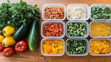 Future consumer sustainability concept. Fresh vegetables and chopped ingredients arranged in containers on a wooden surface. photo