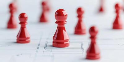 Strategy decision framework concept. Red chess pawns on a blueprint background creating a strategic theme. photo