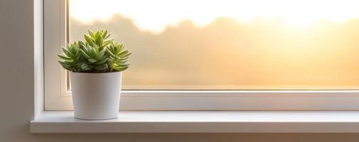 Burnout recovery mental concept. Succulent plant on a windowsill with soft sunlight filtering through. photo