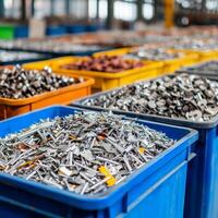 Recycle metal recovery concept. Bins filled with assorted metal hardware in a warehouse setting. photo