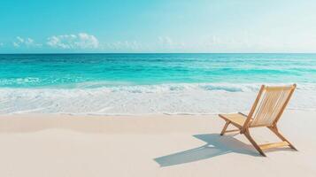 Burnout recovery stress concept. Lone beach chair by tranquil ocean waves under a clear blue sky. photo