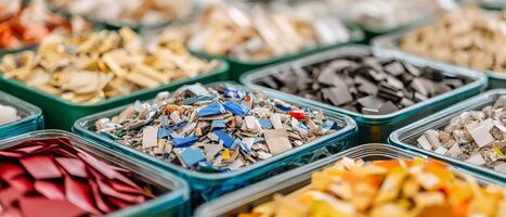 Recycle reduction sorting concept. Colorful assortment of materials in trays, showcasing texture and variety. photo