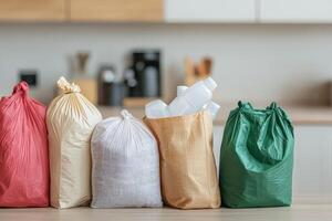 Recycle reduction sorting concept. Colorful bags of waste sorted for recycling in a modern kitchen setting. photo