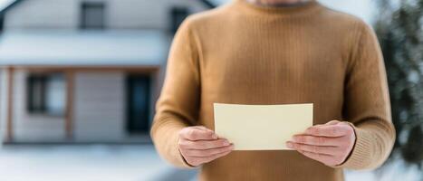 Cost of living and mortgage concept. Person holding a letter outside a house in winter setting. photo