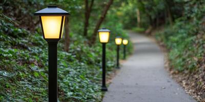 Future consumer sustainability concept. Pathway lined with glowing lamps in a lush green forest. photo