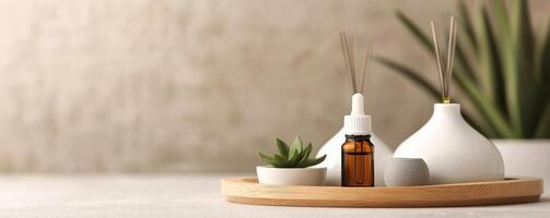 Burnout recovery stress concept. Aromatic home decor with essential oils and plants on a wooden tray. photo