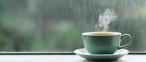 Burnout recovery stress concept. Steaming cup of coffee on a rainy window sill. photo