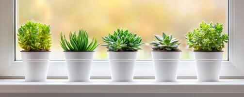 Burnout recovery mental concept. Succulents in white pots lined up on a bright windowsill. photo