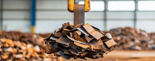 Recycle metal recovery concept. Metal scrap being lifted in a warehouse setting. photo