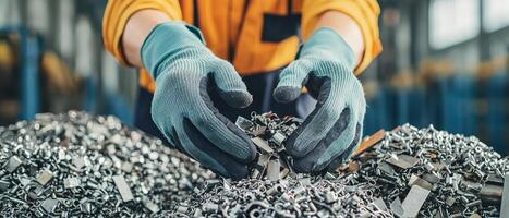 Recycle metal recovery concept. Workers handling metal scraps in an industrial setting. photo