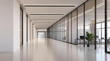 Future consumer efficiency concept. Modern office hallway with glass partitions and minimalist design. photo