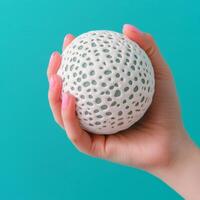 Burnout recovery stress concept. Hand holding a textured white ball against a teal background. photo