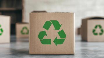 Recycle sustainability recovery concept. Recycled cardboard box with green recycling symbol in focus. photo