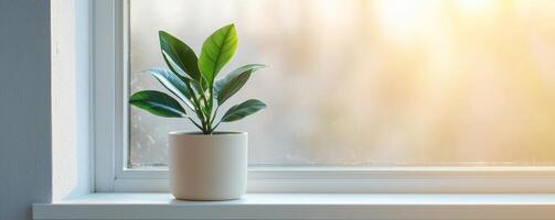 Burnout recovery mental concept. A plant in a white pot on a windowsill with soft natural light. photo