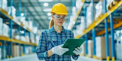 Recycle sustainability recovery concept. Professional woman in a warehouse using a tablet for inventory management. photo