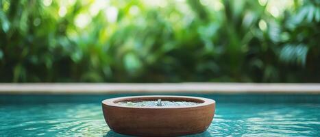 Burnout recovery stress concept. Tranquil bowl on water surface with lush greenery in the background. photo