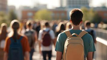 Education in urban concept. A person walking among a crowd in a city setting. photo