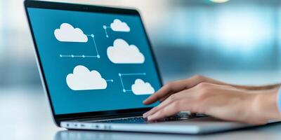 Future consumer connected concept. Laptop displaying cloud computing graphics with hands typing. photo