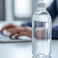 Future consumer sustainability concept. Clear plastic bottle of water on a desk with a person typing in the background. photo