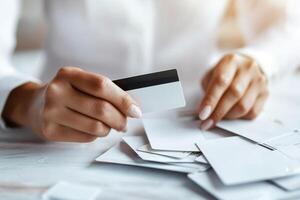 Wealth and financial pressure concept. Hand holding a blank credit card over a pile of cards on a table. photo