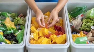 Recycle reduction sorting concept. Sorting waste into recycling bins with hands handling organic materials. photo