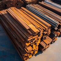 Recycle metal recovery concept. Piles of rusty metal bars stacked together in an industrial setting. photo