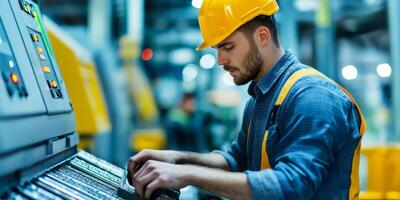 Recycle sustainability recovery concept. Worker in a hard hat operates machinery in an industrial setting. photo
